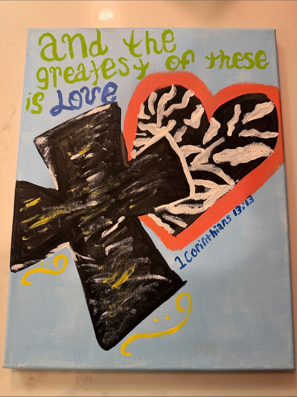 Inspirational Cross & Heart Canvas Wall Art - Blue, Black/Coral Made by KickRush